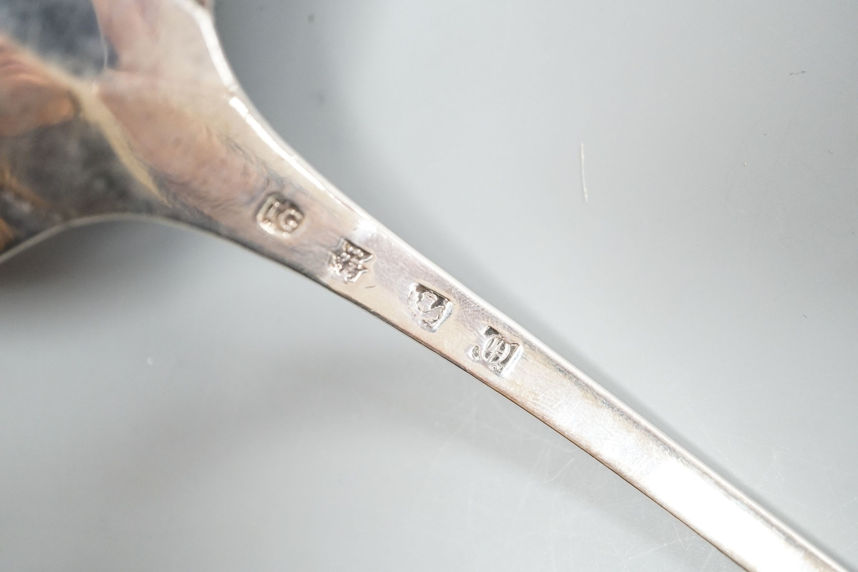 A George III Scottish silver Old English pattern soup ladle, James Gilliland, Edinburgh, 1770, 36.7cm, 206 grams.